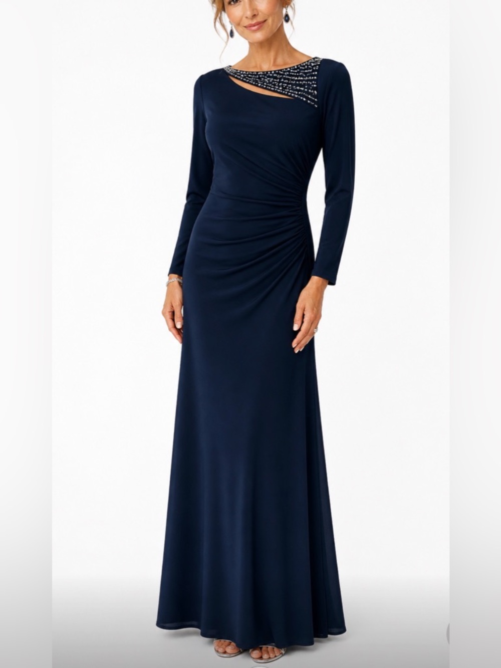 Vince Camuto Navy Beaded One Shoulder Illusion Gown Petite Formal Maxi Dress 8P